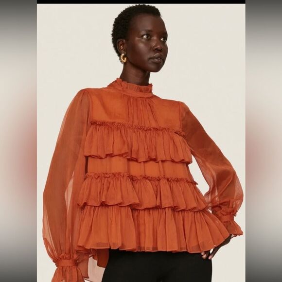 Adam Lippes Orange Cuffed Sleeve Blouse with Mandarin Collar, US0 - Picture 1 of 16
